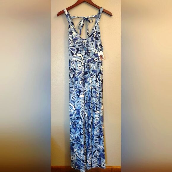 Sincerely Jules Blue White Abstract Print Wide Leg Jumpsuit Size Small - Picture 1 of 14
